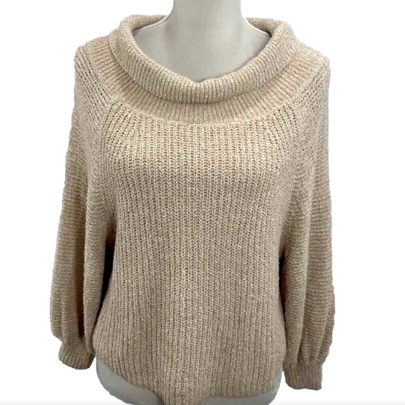Free People Lightweight Cowl Neck Puff Sleeve Sweater in Light Khaki Tan - Picture 1 of 11